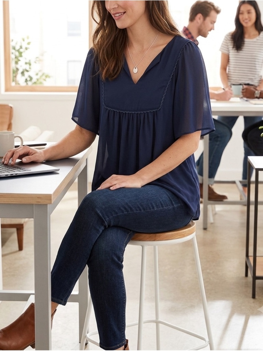 Loft Navy V-Neck Flutter Sleeve Top - Picture 1 of 4